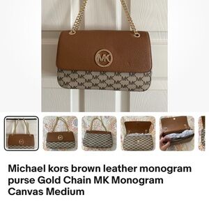 Michael Kors Tan and Gold Monogram Shoulder Bag